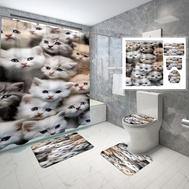 ชุดม่านอาบน้ำลายสุนัขและแมว, พรมปูพื้นกันลื่น, พรมรูปตัวยู, แผ่นรองนั่งชักโครก, ม่านอาบน้ำพร้อมตะขอปรับแต่งได้ 1