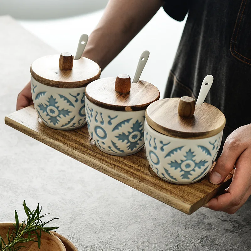 Kitchen Spice Box Set with Spoon, Ceramic Seasoning Jar, Sugar Salt Shaker, Embossed Round, 3 Pcs