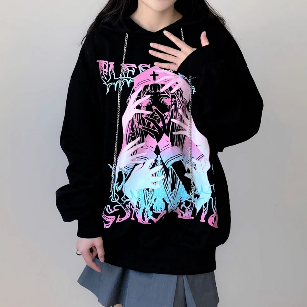 

2022 Warm Fleece Winter Tops Japanese Anime Hoodies Women Girls Kawaii Clothes Loose Casual Sweatshirt Hip Hop Harajuku Grunge