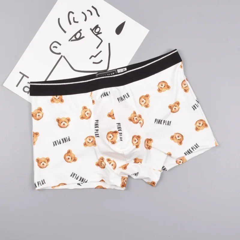 Couple Panties Set Sexy Lace Ice Silk Fabrics Underwear Men's Boxers Cartoon Bear Print Panties set Women's Briefs 1 PCS