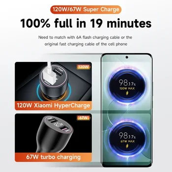 Xiaomi Mi Car Charger 120W 67W 6A Fast Charging Dual-port USB A For Xiaomi 14 14 Ultra 13 13T 12 Pro Redmi Note A3 POCO Pad 6 2