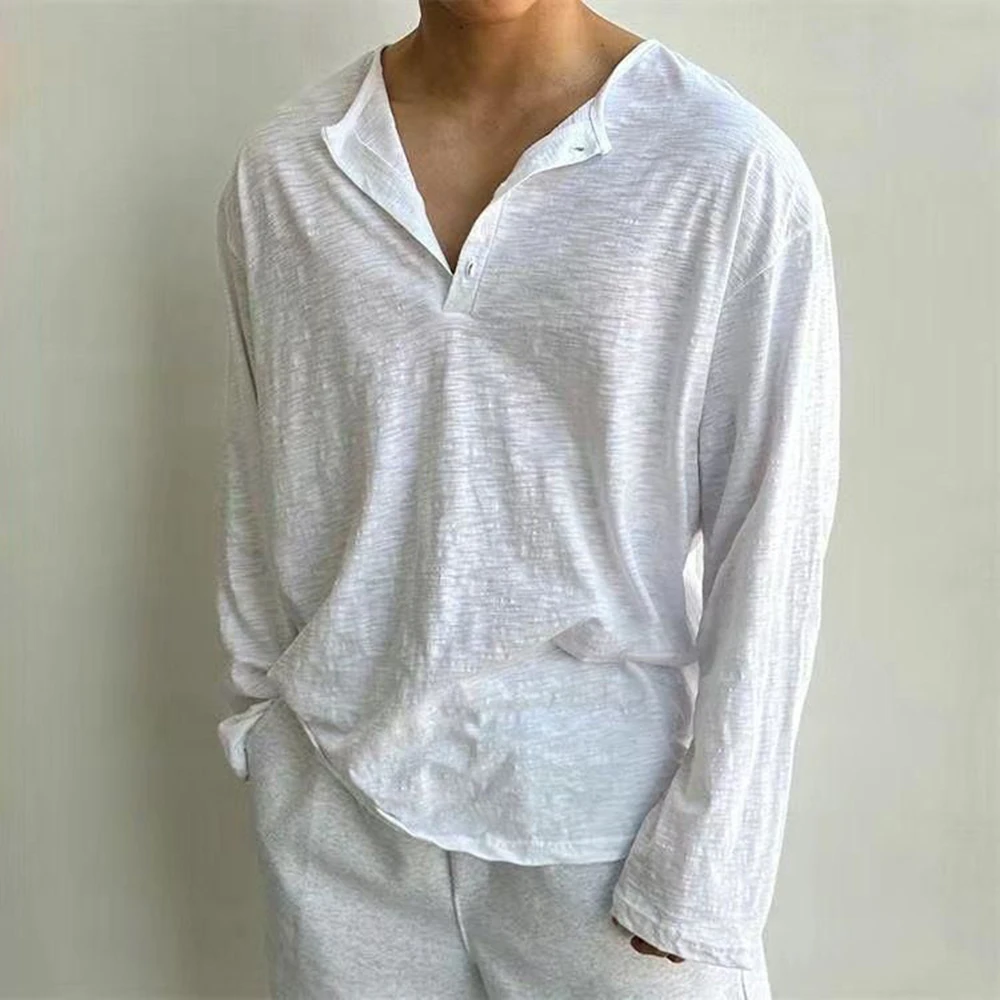 Men's Autumn Lazy Style Irregular Cotton Blend Shirt Thin Henry Collar Loose Comfortable Casual Simple Solid Long Sleeve Shirt