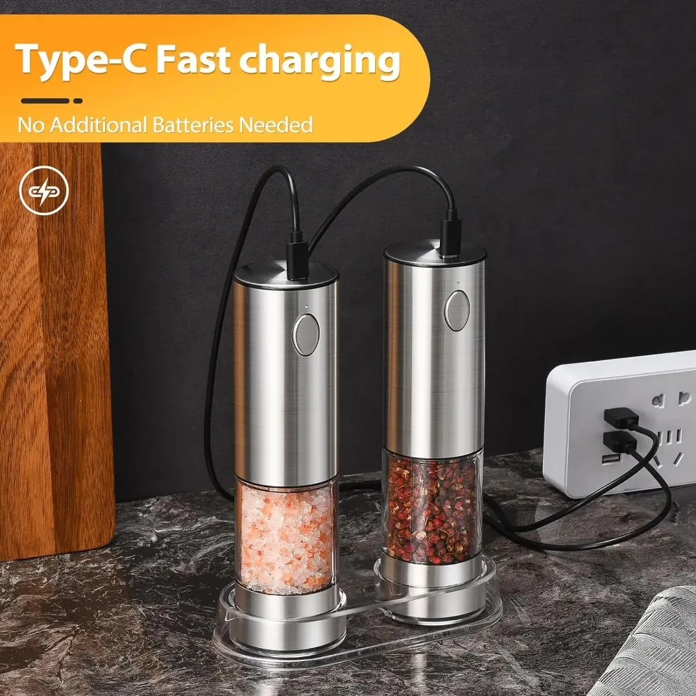 Electric Salt and Pepper Grinder Set, USB Rechargeable, Adjustable Coarseness, Large Capacity, Auto Grinders with LED Light - Image 3
