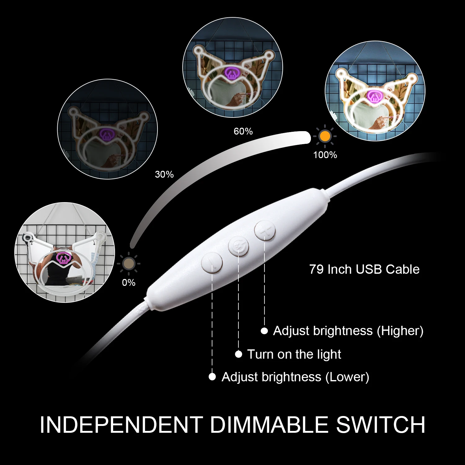 Sanrio Kuromi Neon Makeup Mirror Decor Adjustable Brightness For Room Bedroom Makeup neon makeup mirror