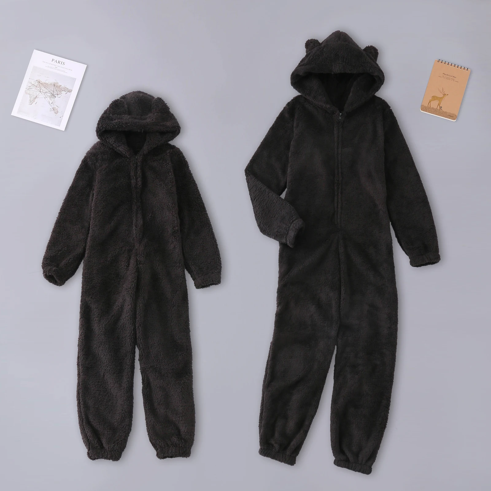 Flannel Pajamas Onesies Solid Color Fleece Parent-Child Suit Long Sleeve Family Pajamas Winter Warm Round Neck Zipper Hooded Home Wear