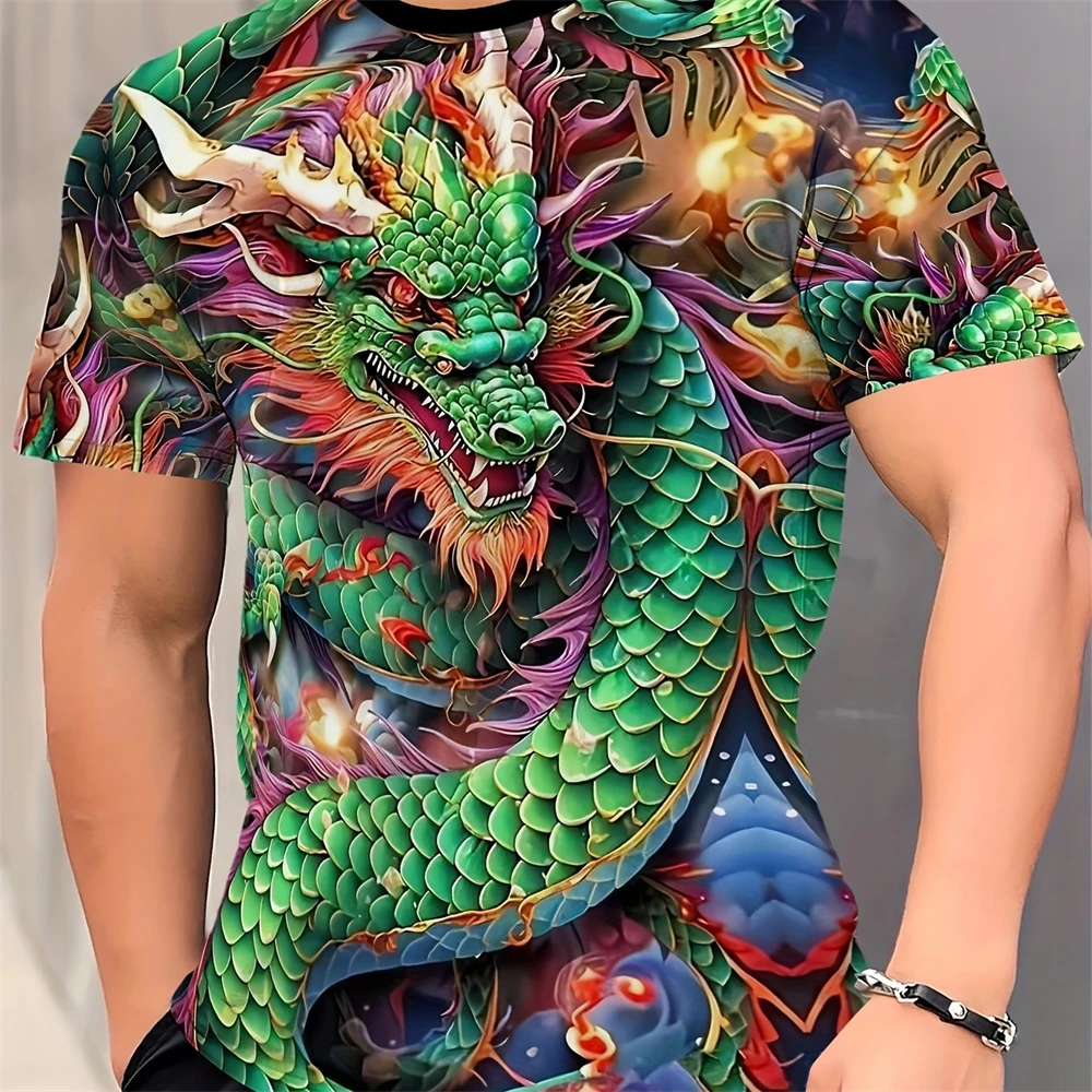 3D Digital Animation Style Roaring Dragon Pattern Round Neck Short Sleeve T Shirt Fashion Cool Men's Summer Streetwear Tops 12