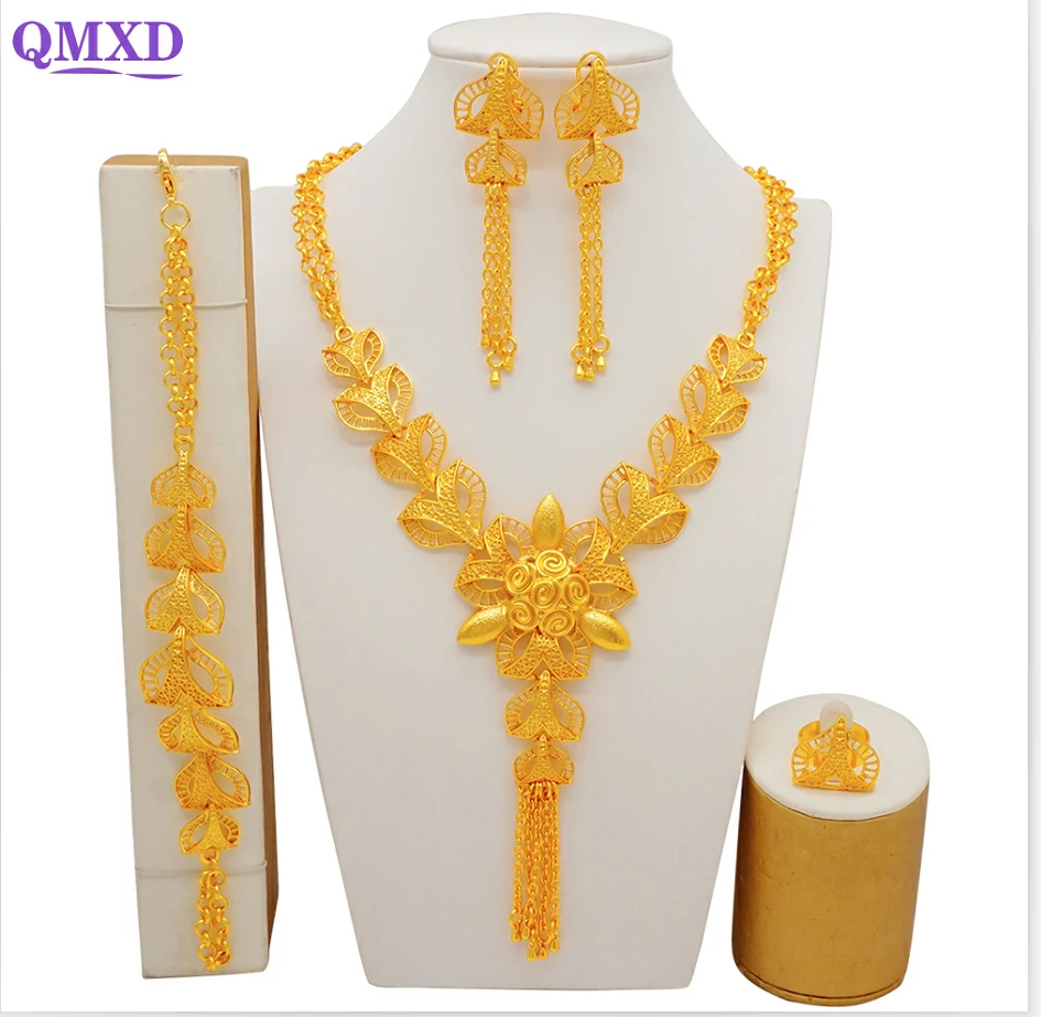 2308978-181400.jpg S5709823dc9984b008e2934afecc349acN Trendy Gold Color Jewelry Set For Women Tassel Long Chain Bridal Long Necklace Bracelet Earring Ring Wedding Sets Mallzona