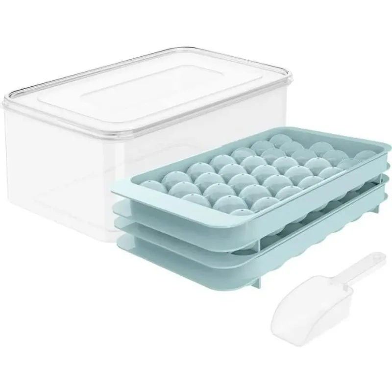 

Round Ice Cube Tray with Lid & Bin Ice Ball Maker Mold for Freezer with Container Ice Chilling Cocktail Whiskey Tea Coffee