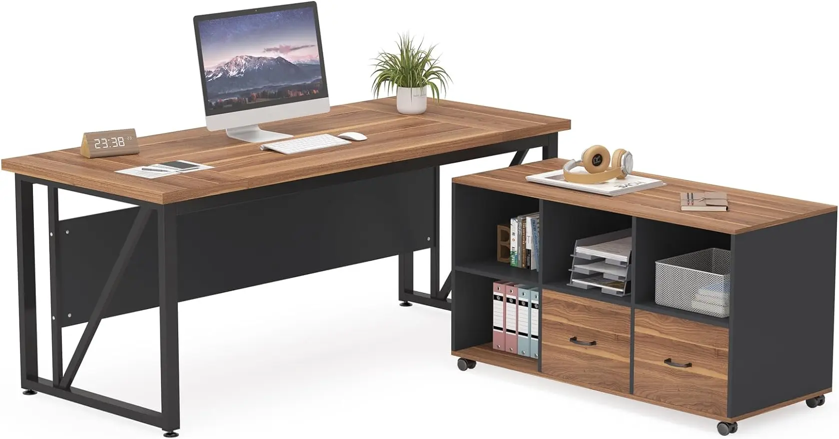 

LITTLE TREE 63-inch Large L Shaped Desk with 47- inch Drawer Cabinet, 2 Piece ，Walnut+Black