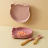 3PCS Baby Silicone Tableware Set Wooden Handle Spoon Fork Cartoon Bear Dishes Snack Plates Feeding Learning Baby Stuff 5