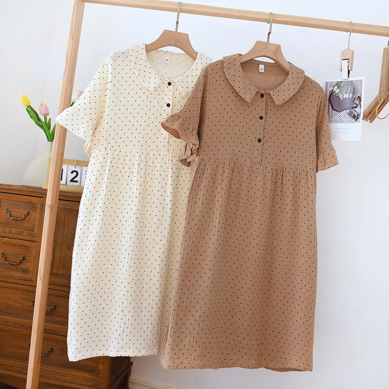 Summer 2024 New Women's Skirt Short Sleeve Nightwear 100% Cotton Crepe Doll Neck Dot Dress Loose Size Cute Sweet Home Dress