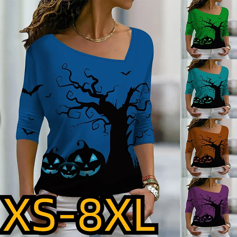 

2023 Pumpkin Printing Pullover Hallowmas Long-sleeved Vintage Tee Shirt New Autumn Winter Women V-neck Top Sexy T-shirt