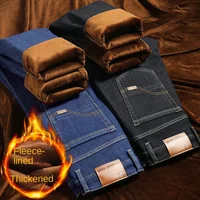 Men's Winter Fleece Warm Jeans Fashion Business Pants Vintage Classic Trousers Autumn Leisure Elastic Straight Work Jeans Men 2