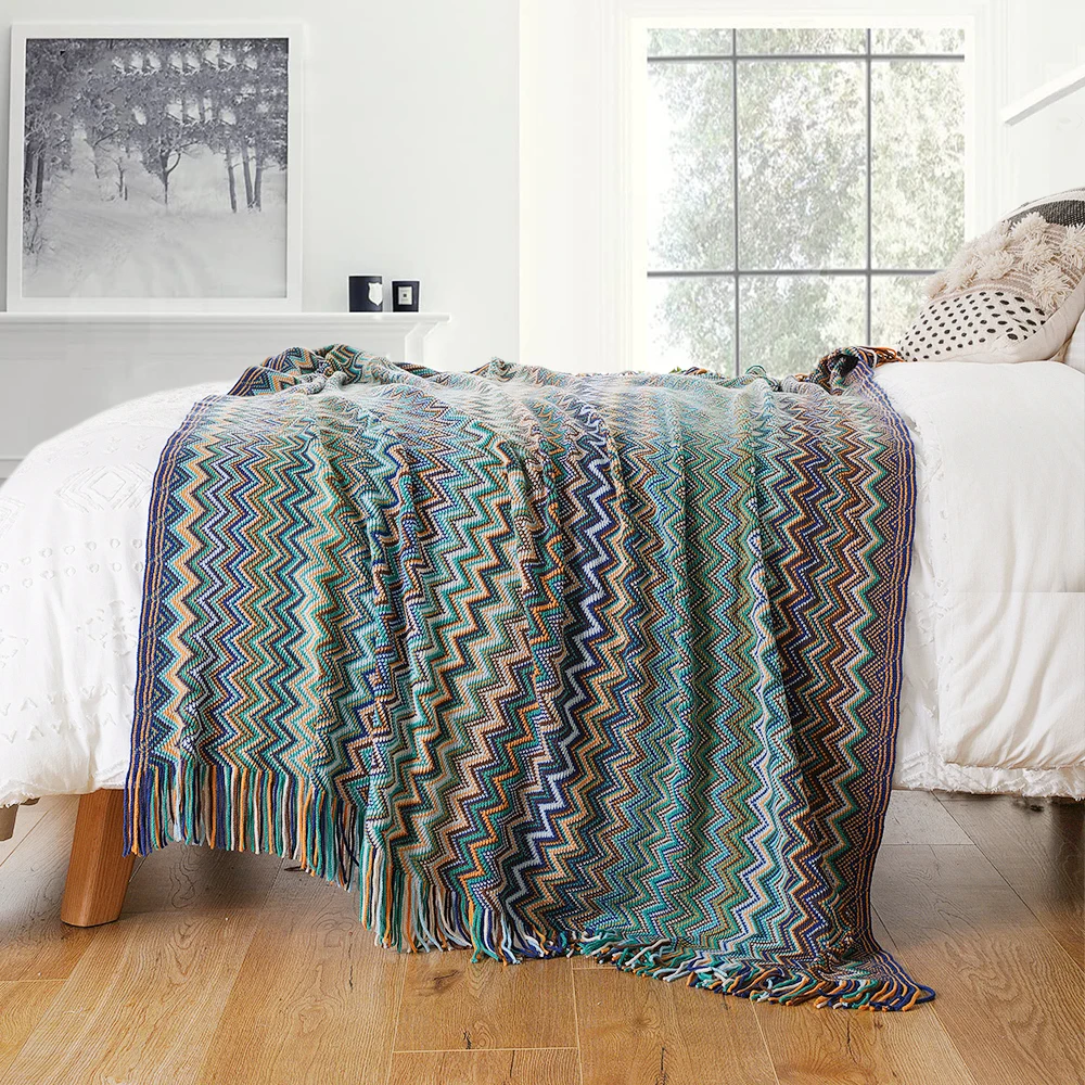 Boho Throw Blanket - Lightweight Knit with Tassels, Bohemian Woven Sofa Blanket, Soft Bed Plaid Decorative Blanket - Image 4