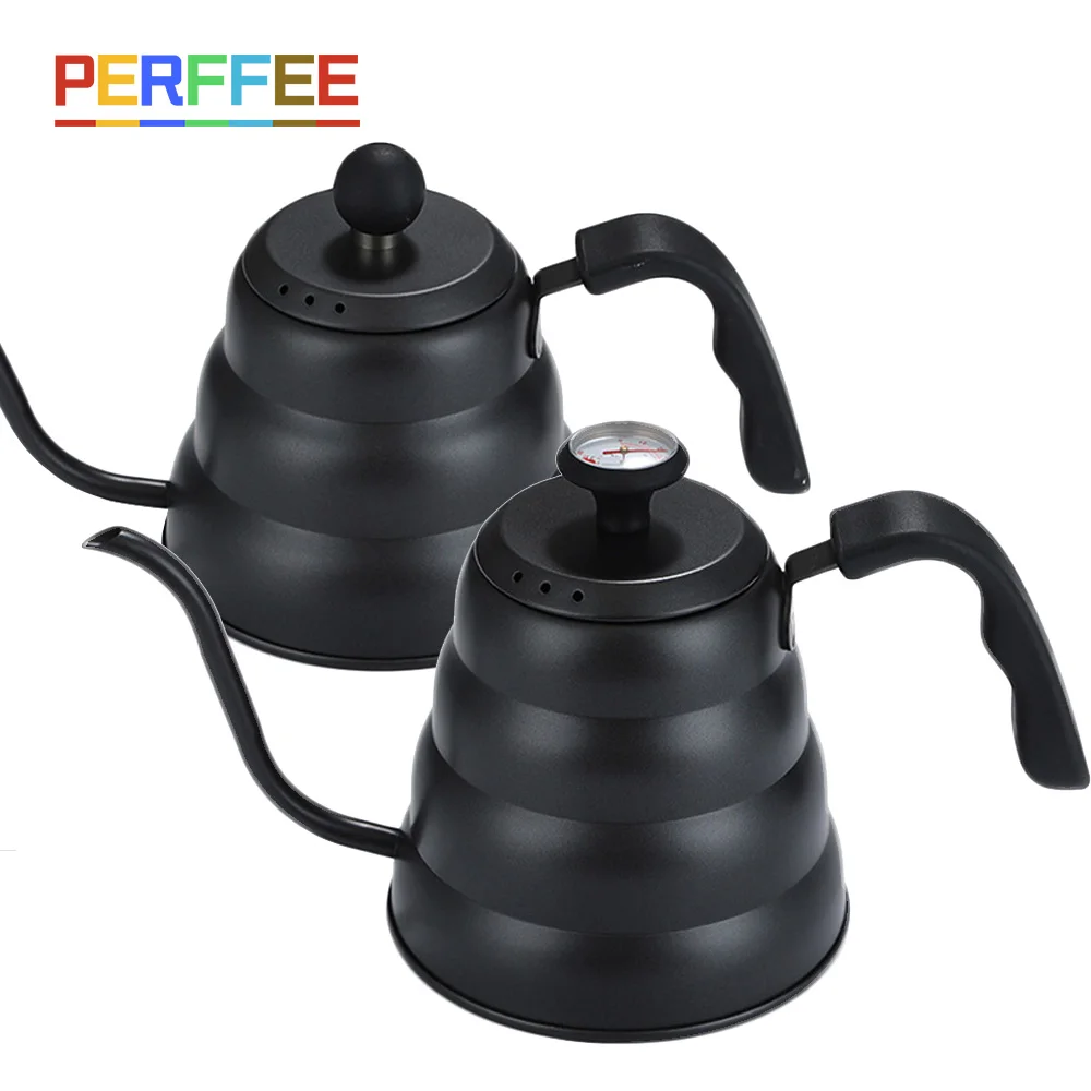 1L/1.2L Black Drip Kettle Thermometer Pour Over Coffee Pot Swan Long