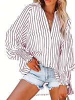 Women's Plus Size 1XL-5XL Casual Striped Breathable Long Sleeve Blouse Shirt Ladies Fashion V-neck Button-down Loose Shirt Top - Image 4