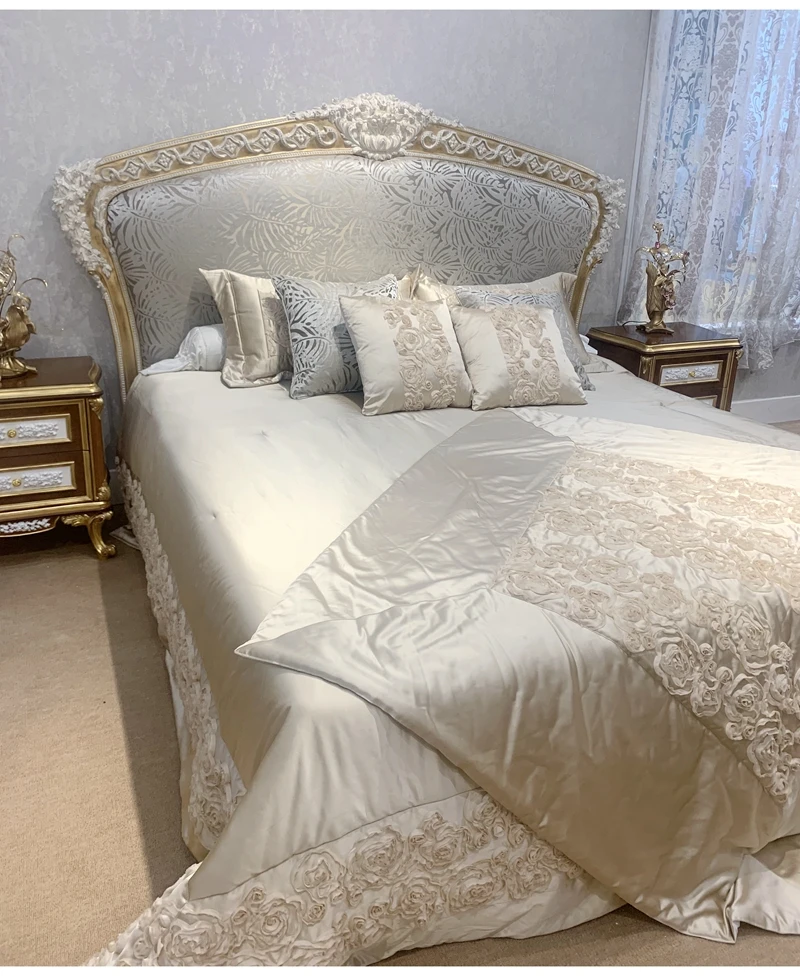 

French Solid Wood Master Bedroom Double Wedding Bed With Gold Leaf Carved Rose Flower Eetro Texture Gray