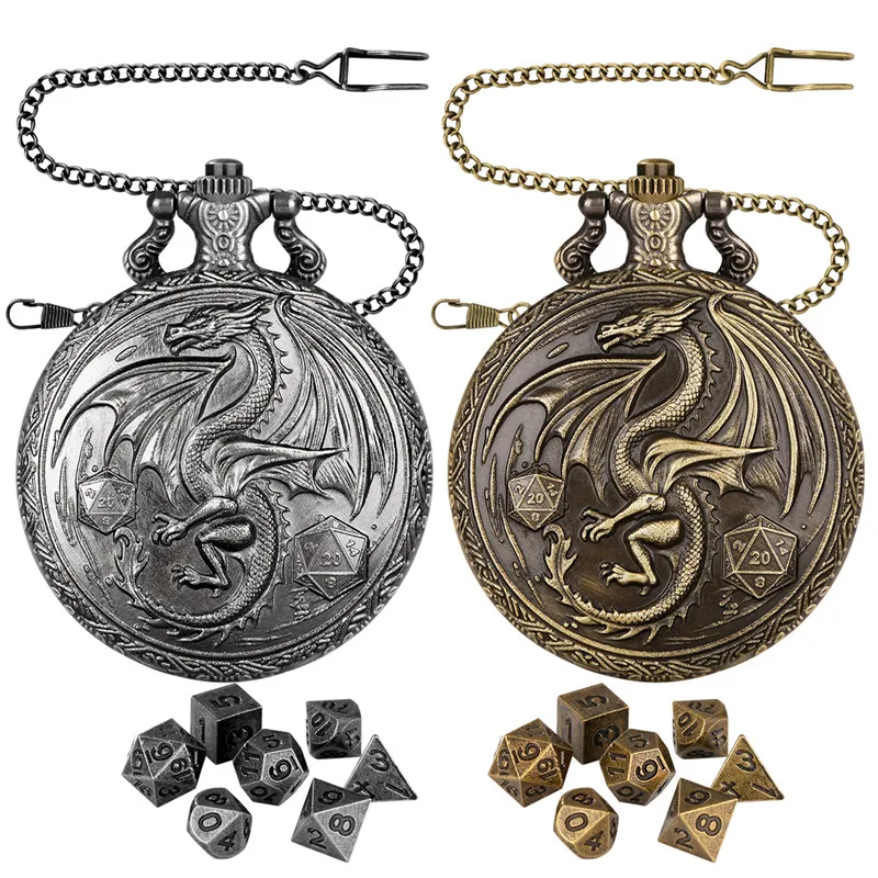 Bronze-Drachenflügel mit D20-Würfel, Taschenuhrengehäuse, Fob-Kette mit 7 Stück/Set, Mini-Metall, polyedrische Würfel, RPG-Tischbrettspiel – Detail 1
