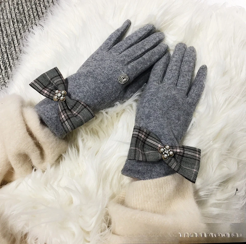 2020 Jesień/Zima Nowe Podzielone Palce Cookie Brytyjski Wzór Kokarda Styl Wełna Kaszmir Rękawiczki dla Kobiet_voghion.com