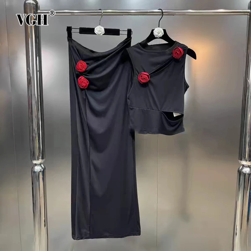 

VGH Sexy Spliced Appliques Two Piece Set For Women Round Neck Sleeve Top High Waist Long Skirts Minimalist Slimming Sets Female