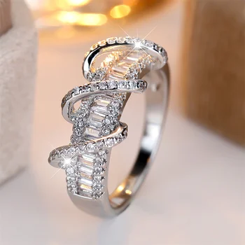 White Zircon Geometric Crystal S Shaped Rings For Women Classic Silver Color Engagement Bands Wedding Jewelry Bridal Party Gifts