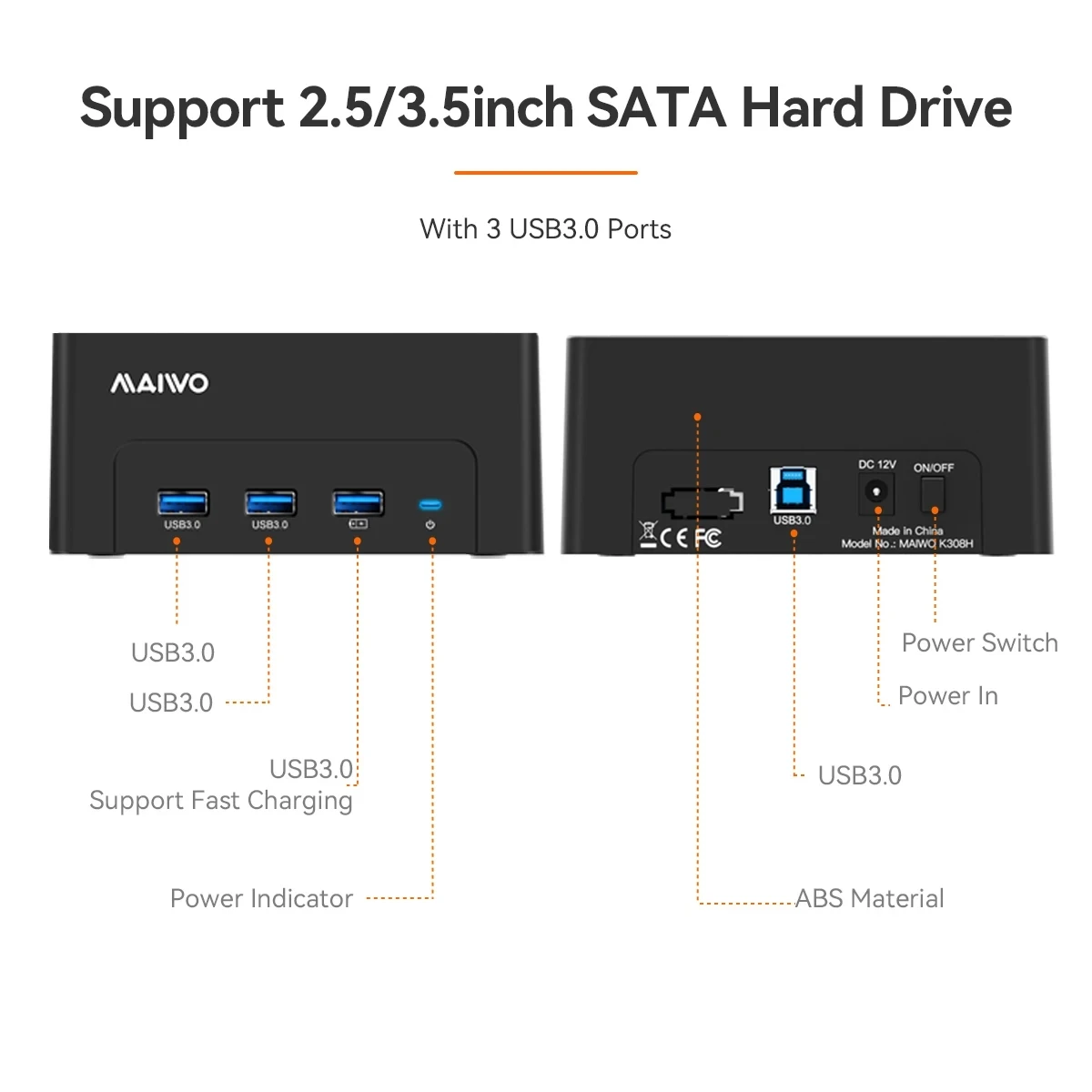 MAIWO 2.5/3.5인치 HDD 케이스 USB to SATA 도킹 스테이션 (2.5/3.5 SATA HDD/SSD용) USB 3.0 포트 1개, 고속 충전 포트 1개 포함 HDD 케이스