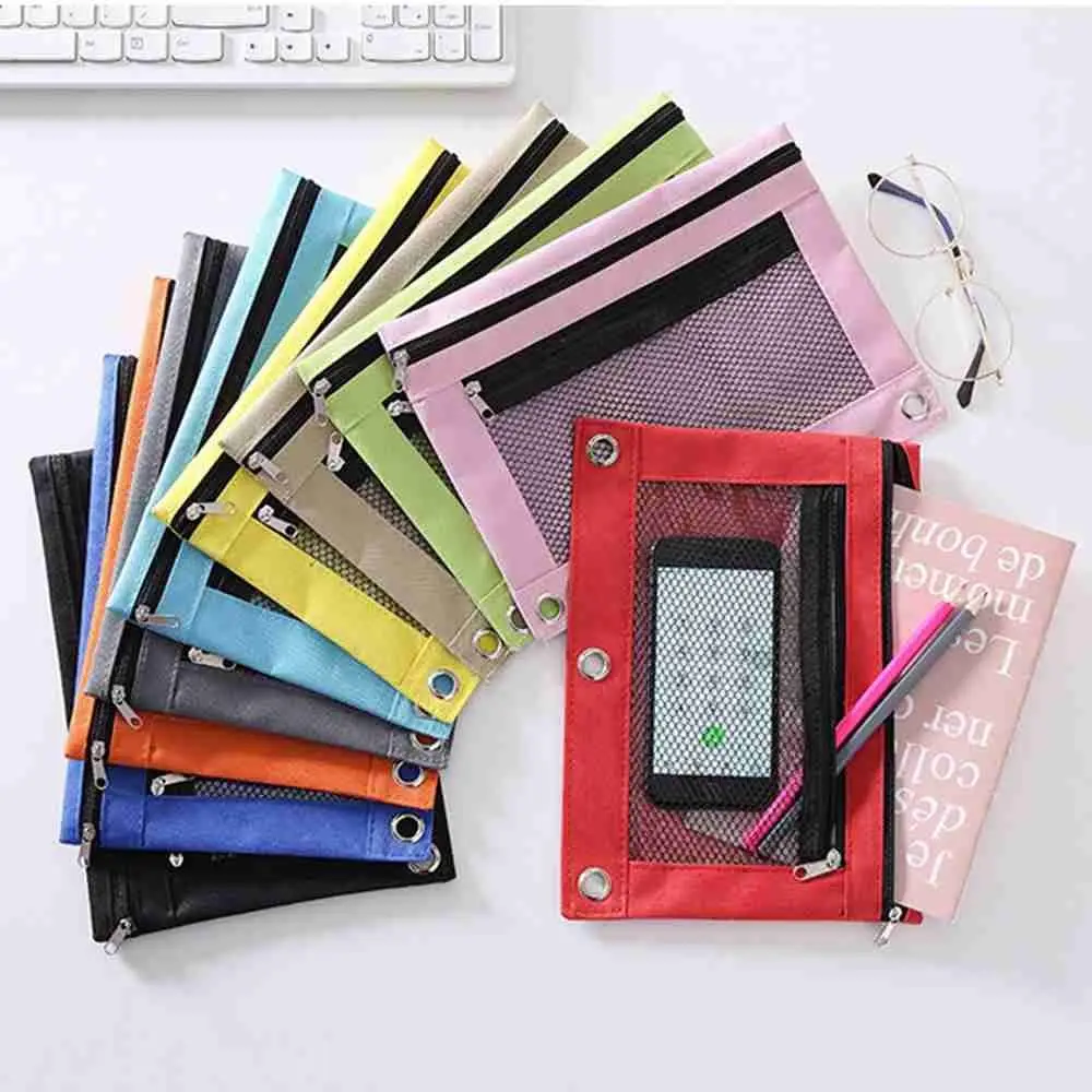 

10PCS Oxford cloth double mesh pencil bag large capacity color zipper Zipper Pencil Pouch transparent storage stationery bags