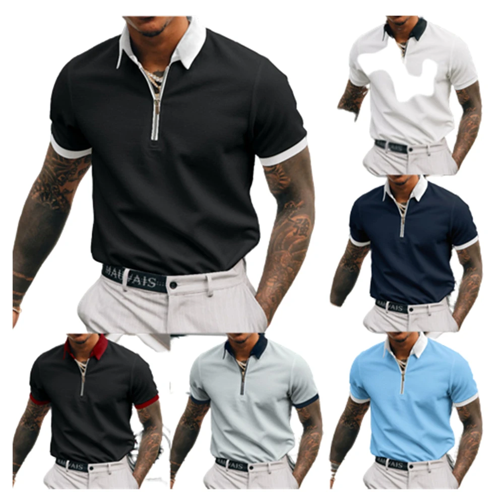 

Summer Design Solid Splicing Color Golf Polos T-shirt For Men Slim Fit Zipper Lapel Short Sleeve Loose Polo T Shirts POLO7-9