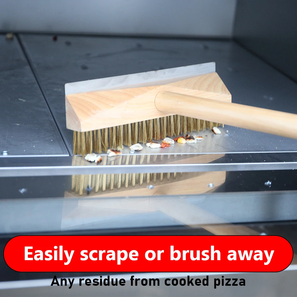 Onilini Big Pizza Oven Copper Brush with Scraper Grill Brass Cleaning Brush with Wood Detachable Long Handle Commercial Use