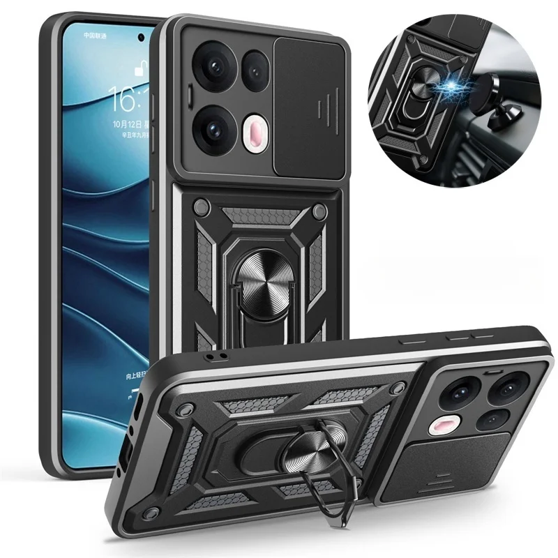 Shockproof Armor Case with Ring Holder and Slide Lens Protection Cover