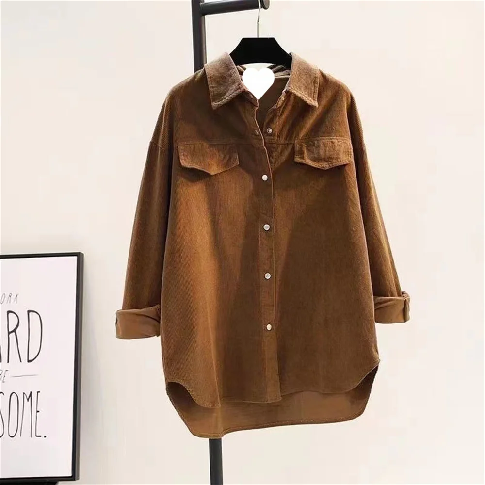 Women's Blouse Office Lady Polo-Neck Solid Double Pocket Long Sleeve Push Button Thicken Corduroy Mid-length Cardigan Coat Shirt