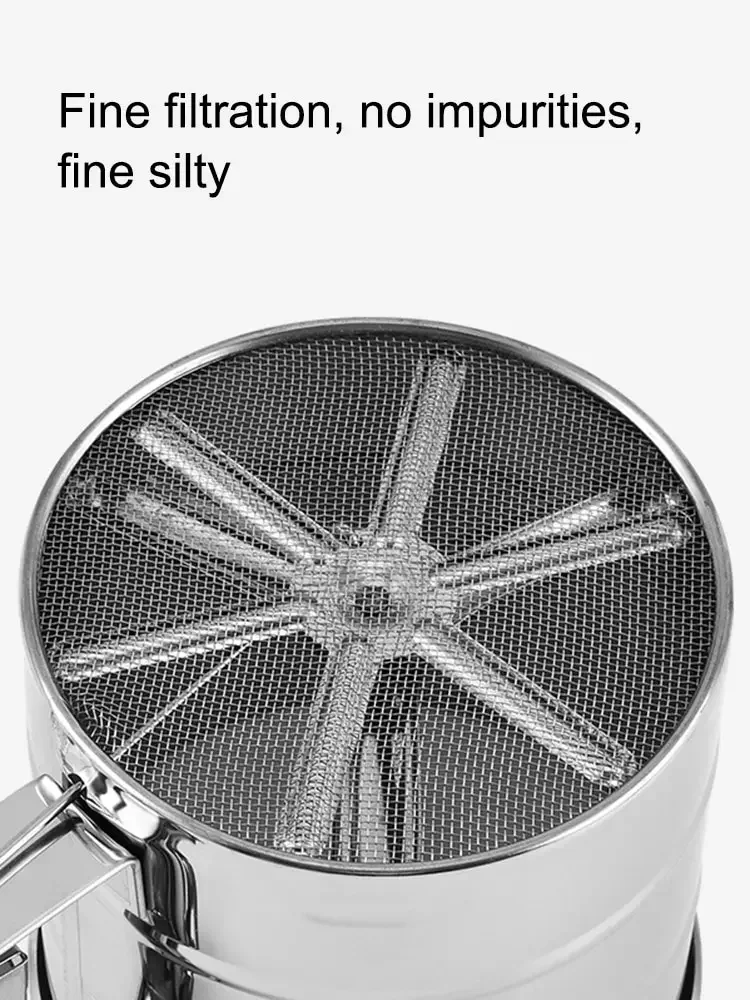 Deep cup flour sifter design to prevent overflows on kitchen surfaces.