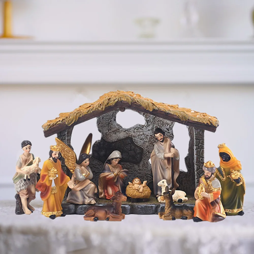 Crèche De Noël En Résine : Ensemble De 12 Pièces Avec Mangeoire En Bois - France
