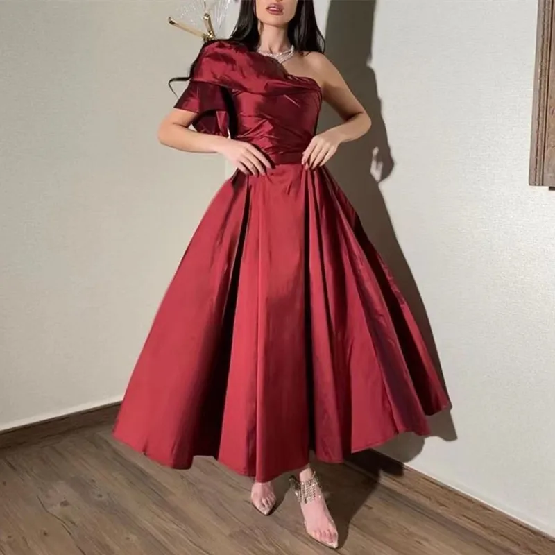 

Cocktail Dress Capped One Shoulder Burgundy Prom Dresses Tiered Short Sleeve Graduation Party Girls' Wear A Line Special Banquet