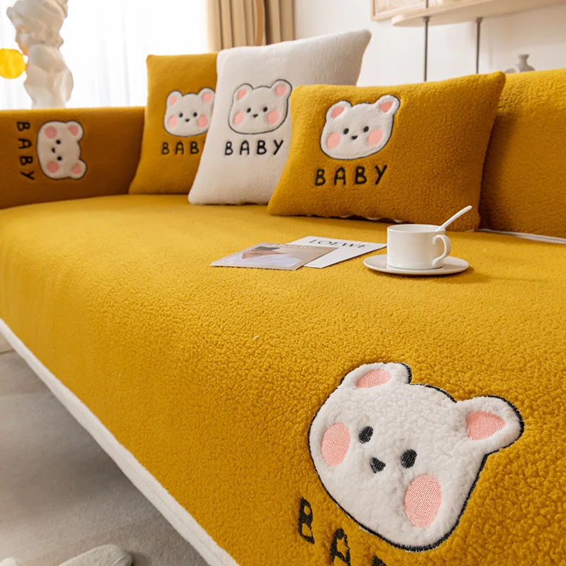 

Modern Winter Lamb Wool Sofa Towel Thicken Plush Cartoon Bear Soft And Smooth Sofa Covers For Living Room Anti-slip Couch Cover