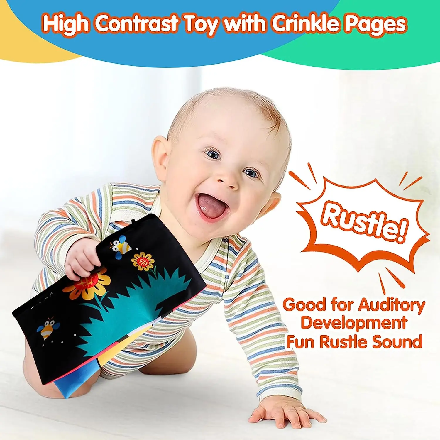 Crinkle Cloth Book Visual Stimulation Newborn Toys 0-3 Months Brain Development Tummy Time Mirror Toy for Infants Sensory Babies 6