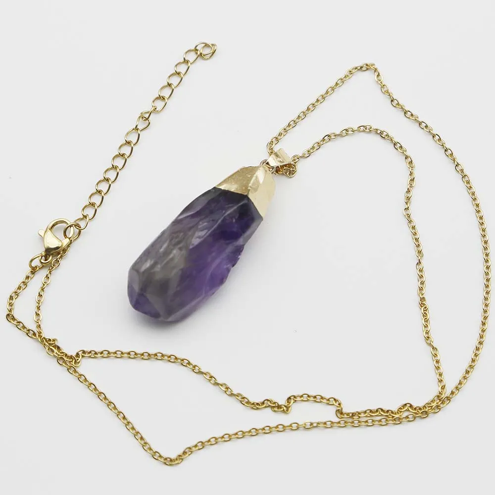 New Natural Stone Amethyst Stainless Steel Chain Necklace Irregular Purple Crystal Gold Plated Head Pendant Fashion Jewelry 6Pcs
