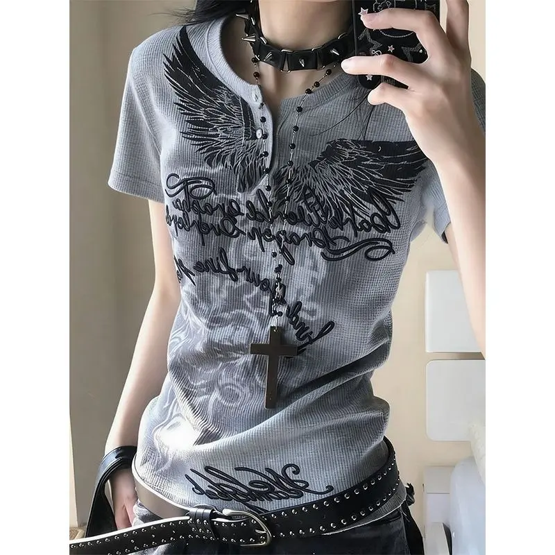 HOUZHOU Harajuku Gothic Print T-shirt Women Vintage Japanese Style Gray Graphic T-shirts Grunge Y2k Punk Slim Short Sleeve Tees - Image 2