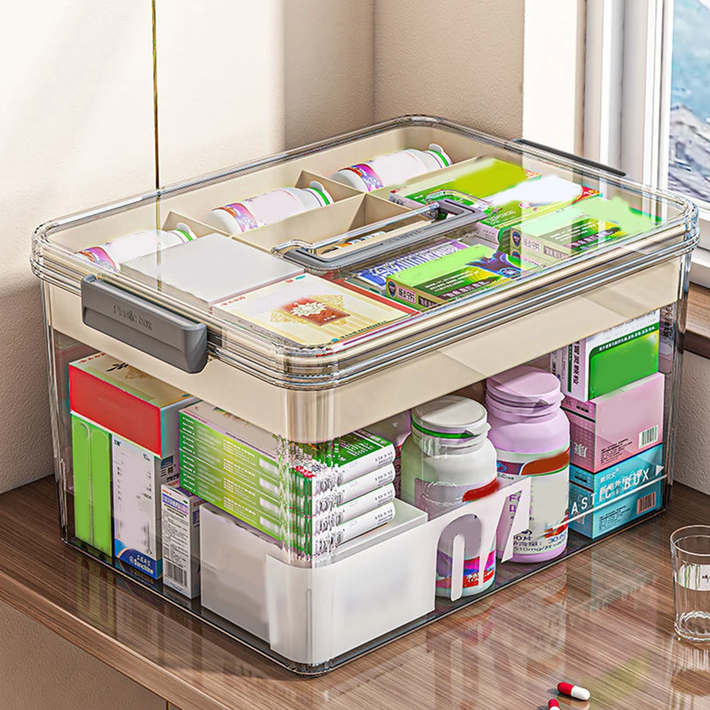 Large Capacity Medicine Storage Box with Easy-Grip Handle Multi-Layer Plastic Pill Organizer Multi-functional Medicine Cabinet 1