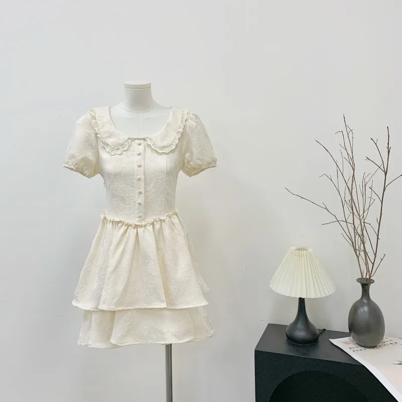

French Fashion Doll Neck Sweet Spicy Style Dress with Waist Wrapped Fairy Style Princess Fluffy Short Dresses Female Clothing