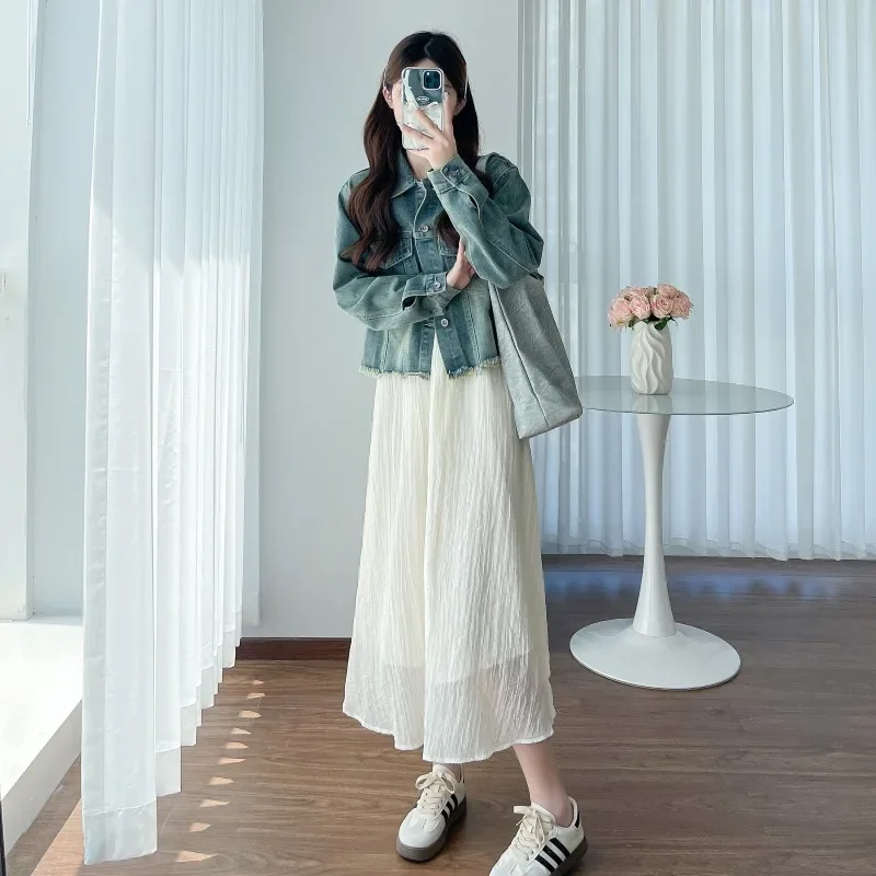 Maternity Clothes Collection Chiffon Tank Dress Denim Jacket 2-Piece Set Suit For Pregnant Women