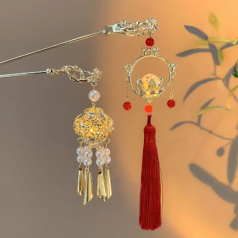 Chinese Lantern hair accessory Hair Pin Clips Hair Sticks LED Light Accessories for Women Kids Retro Lotus Flower Tassel Headpieces