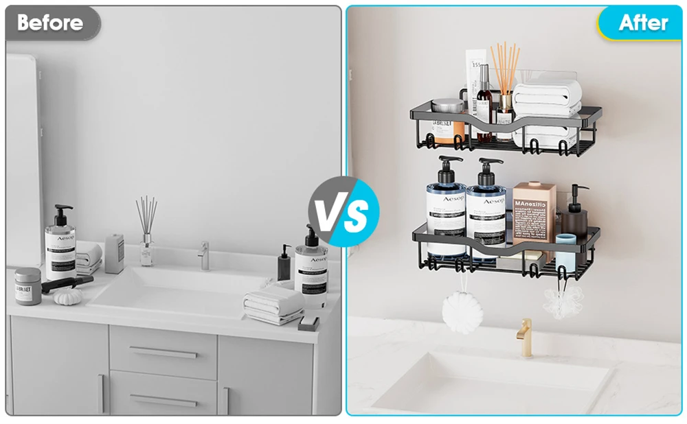 Description Picture 6 of item1 Piece Bathroom Facilities Hard-Fitting Bathroom Storage Rack Black Basket Wall Finishing Storage Accessories