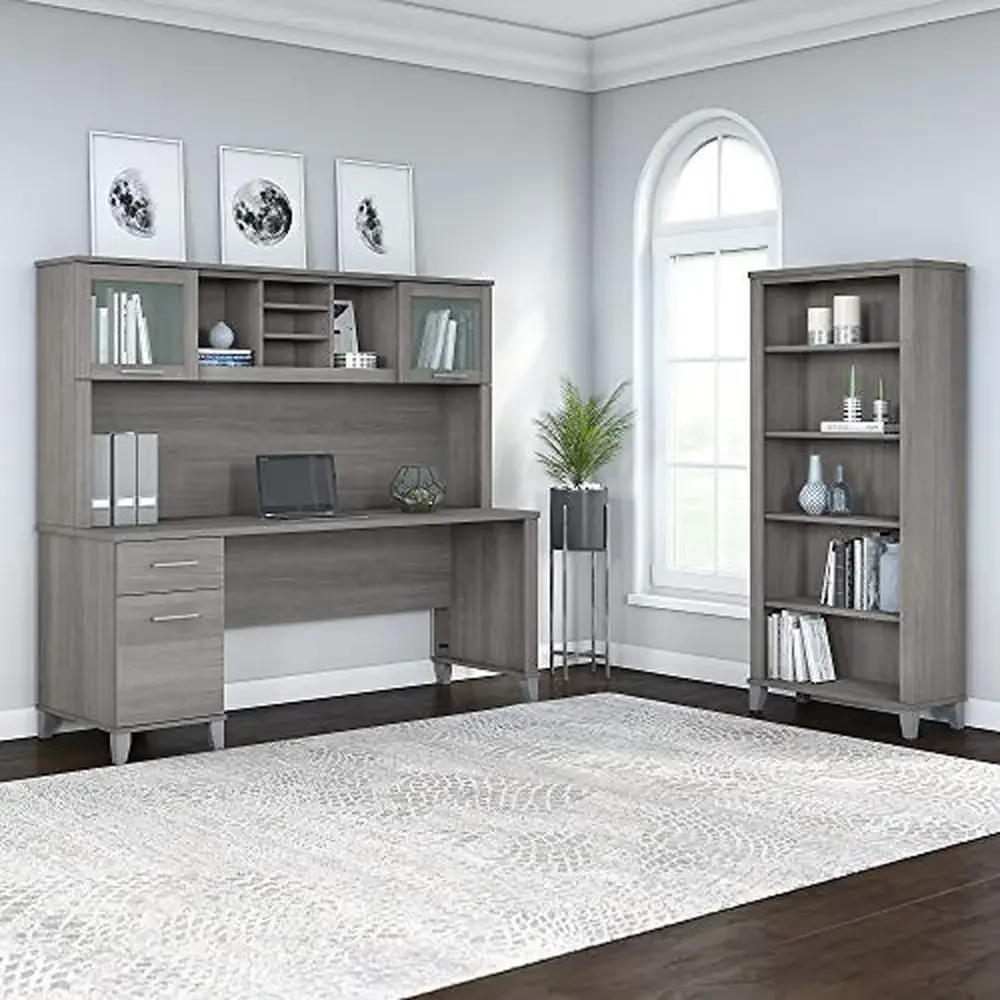 72W Office Desk with Hutch 5 Shelf Bookcase Bundle Platinum Gray Wire Management Concealed Storage Adjustable Shelves Modern 2