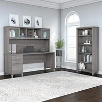 72W Office Desk with Hutch 5 Shelf Bookcase Bundle Platinum Gray Wire Management Concealed Storage Adjustable Shelves Modern 2