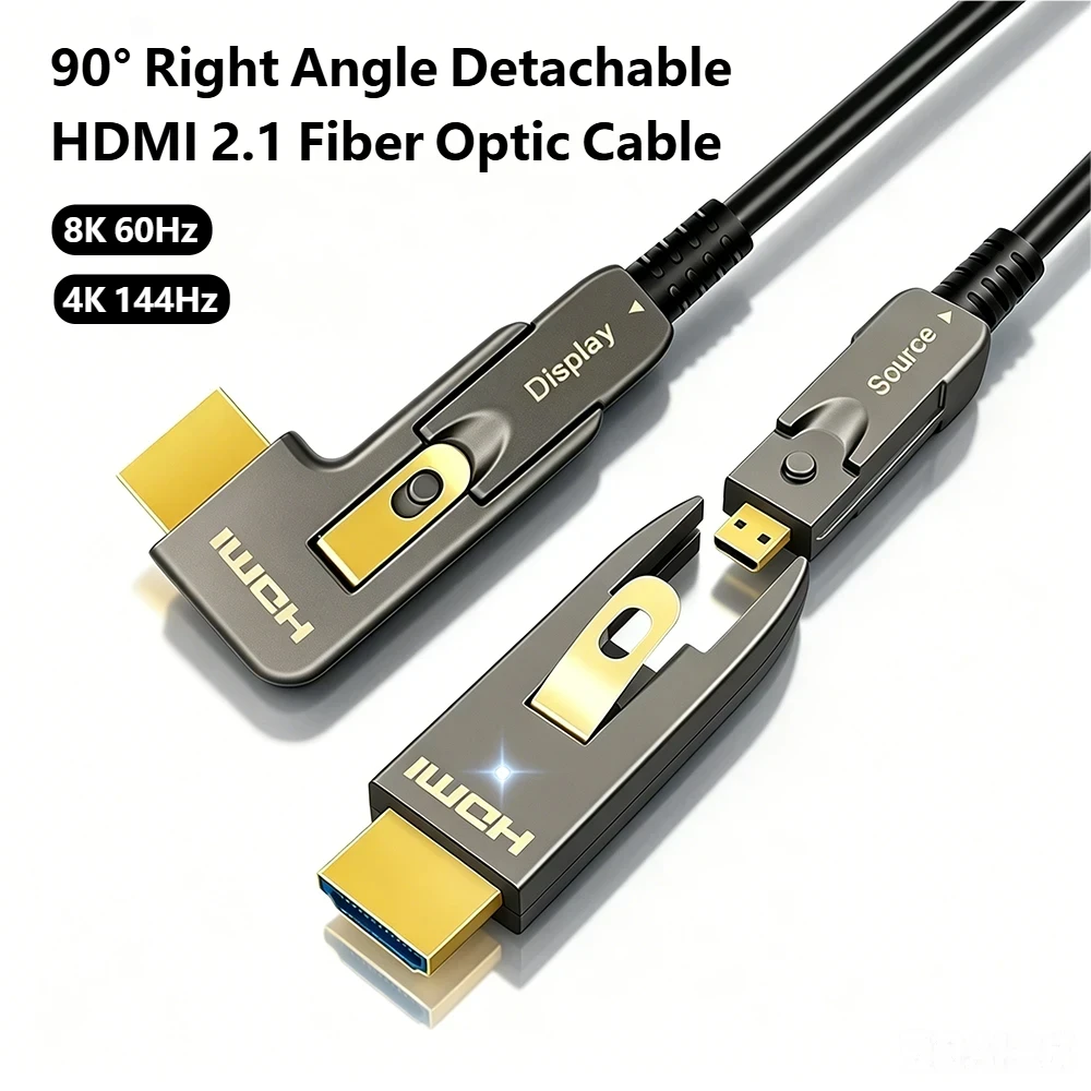 90도 직각 8K HDMI 2.1 광섬유 케이블, 탈착식 헤드 마이크로 HDMI 호환, 1100미터 장거리 지원, 48Gbps 초고속 전송, 8K@60Hz 4K@144Hz, HDR·돌비 애트모스·ARC 탑재,