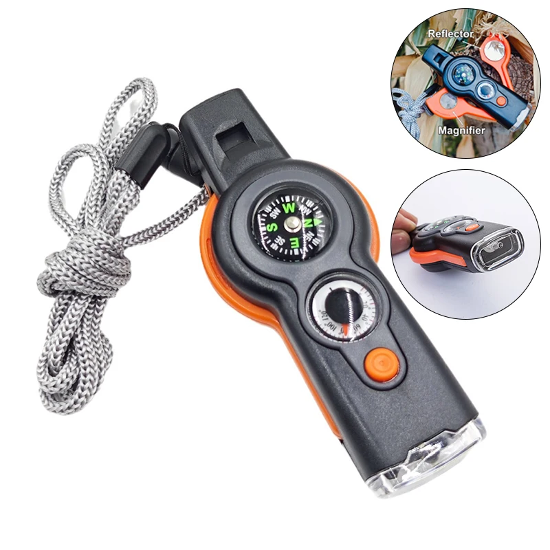 Sifflet survie 7-en-1 multifonction avec LED et boussole pour activités outdoor pêche