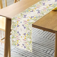 Happy Easter Theme Bunny Linen Table Runner Holiday Party Decor Spring Watercolor Wildflowers Plants Table Runners Table Decor 2