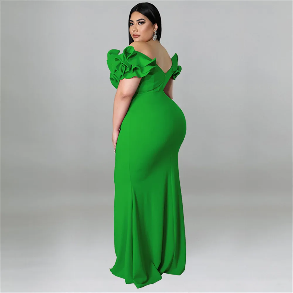 Wmstar Plus Size Dress Women Party Slip Hem Ruffle Sleeve Sexy Elegant Maxi Dresses Birthday Club Outfits Wholesale Dropshipping