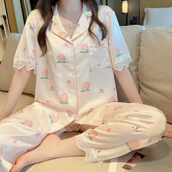 여성용 허니 피치 레이스 잠옷, 아이스 실크, 부드러운 고급 메쉬 레드 반팔 바지, 스위트 홈 세트, 여름